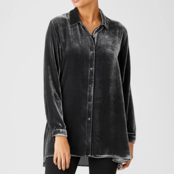Eileen Fisher SILK velvet gray silver button down shirt new Women's XXS XS $298